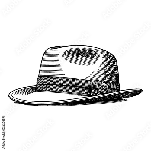 Vintage Derby Hat Detailed Black and White Outline Line Art Drawing with Side View