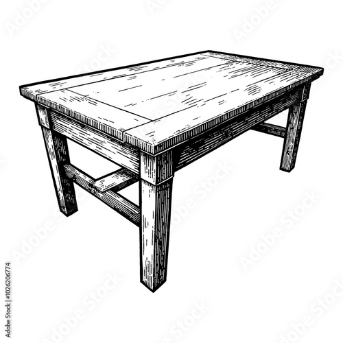 Vintage Wooden Table with Detailed Black and White Outline Line Art Drawing Perspective View