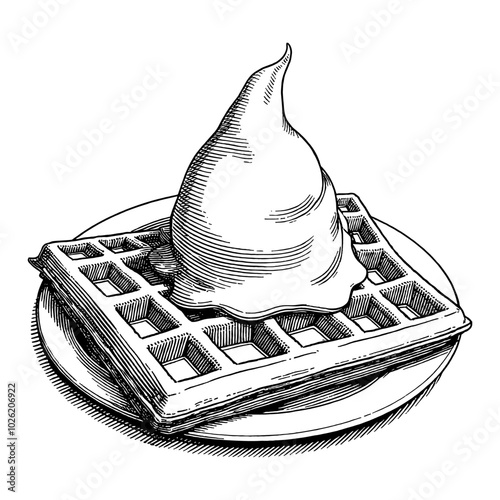 Detailed Waffle with Ice Cream Black and White Outline Line Art Drawing on Plate