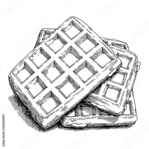 Stack of Waffles in Detailed Black and White Outline Line Art Drawing Illustration with Texture
