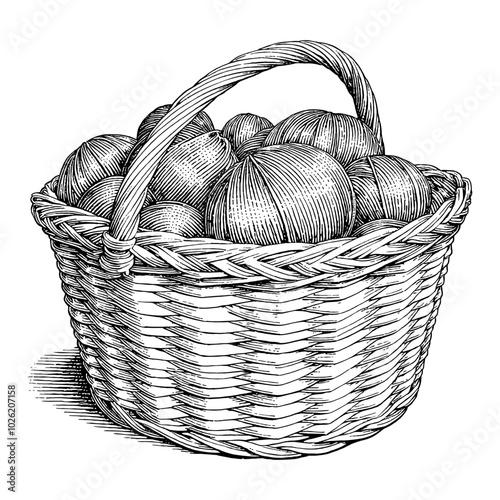 Yarns Inside Wicker Basket with Handle in Black and White Outline Line Art Drawing