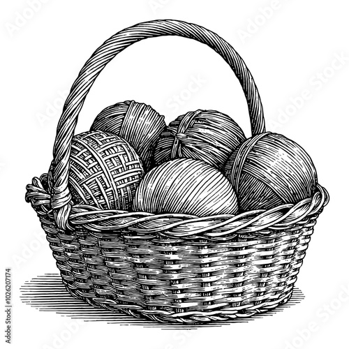 Yarn Balls Placed Inside a Wicker Basket in Black and White Outline Line Art Drawing