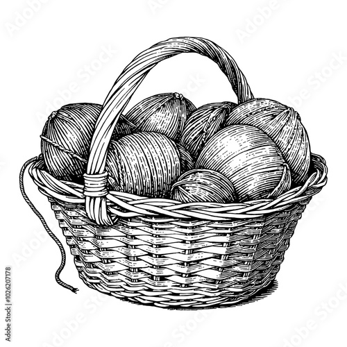 Basket with Yarn Balls in Detailed Vintage Black and White Outline Line Art Drawing