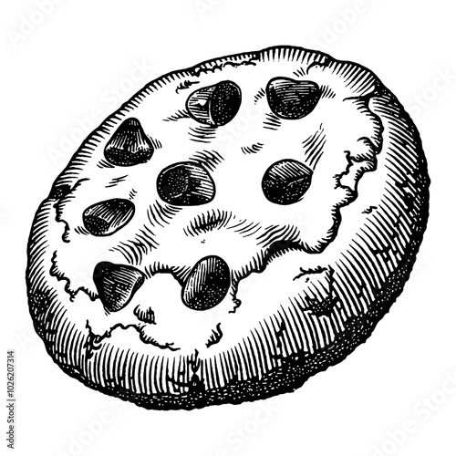 Choco Chip Cookie in Black and White Outline Line Art Drawing with Detailed Engraving Sketch