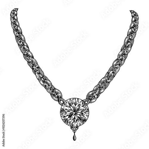 Elegant Necklace with Diamond in Intricate Black and White Outline Line Art Drawing Style