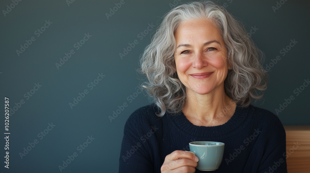 A close-up shot of a smiling senior woman with gray hair, gently holding a cup in her hands, radiating positivity and health. photo A close-up shot of a smiling senior woman with gray hair, gently holding a cup in her hands, radiating positivity and health. photo