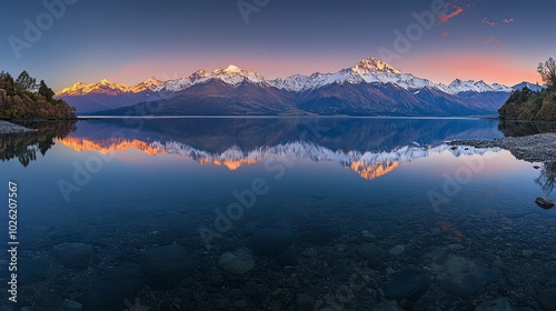 Snow-capped mountains reflected in a crystal-clear lake at sunrise. 