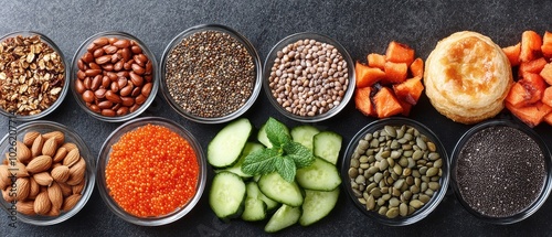 Colorful Collection of Fresh and Dried Spices and Herbs on Dark Background.