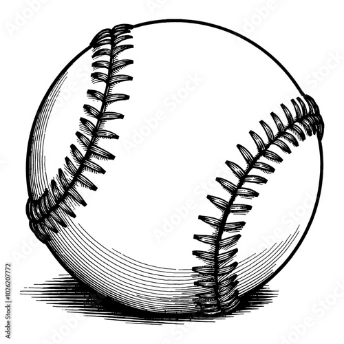 Baseball in Vintage Style with Detailed Black and White Outline Line Art Drawing