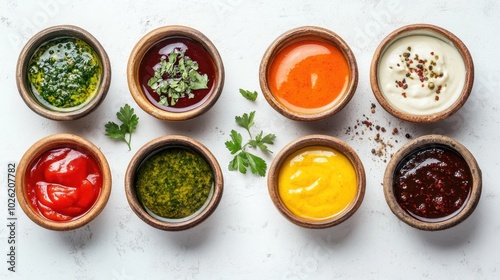 Wallpaper Mural A selection of colorful sauces in small rustic bowls, artfully arranged on a clean white surface, viewed from above, perfect for culinary presentations Torontodigital.ca
