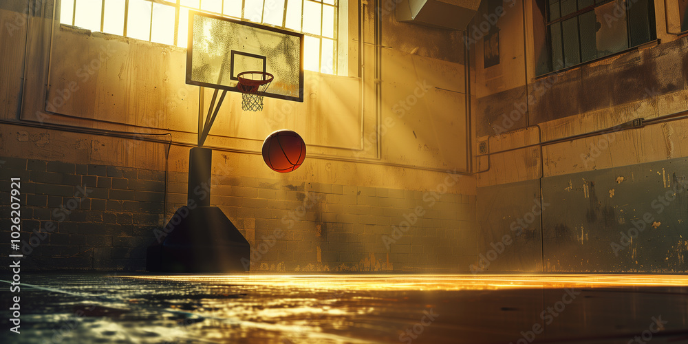 Fototapeta premium Basketball ball falling through the hoop in a lit gym