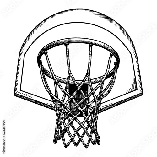 Detailed Basketball Hoop with Net in Black and White Outline Line Art Drawing Front View