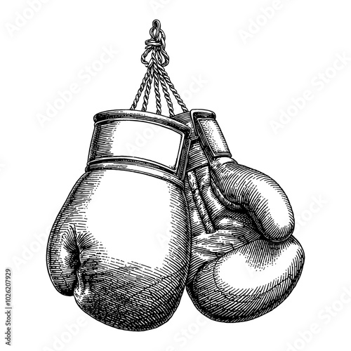 Boxing Gloves Hanging in Detailed Black and White Outline Line Art Drawing with Intricate Design