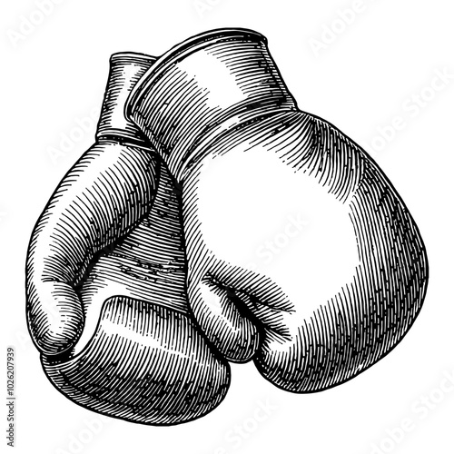 Boxing Gloves Detailed Black and White Outline Line Art Drawing with Vintage Etching Style