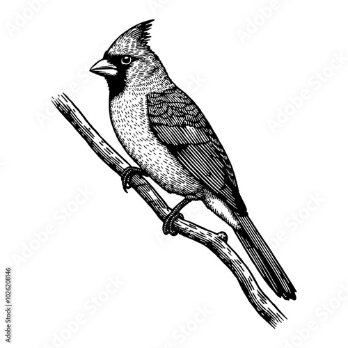 Cardinalidae Bird Perched on Branch in Detailed Black and White Outline Line Art Drawing