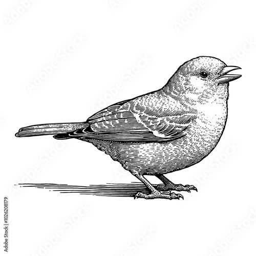 Cardinalidae Bird Side View in Detailed Black and White Outline Line Art Drawing