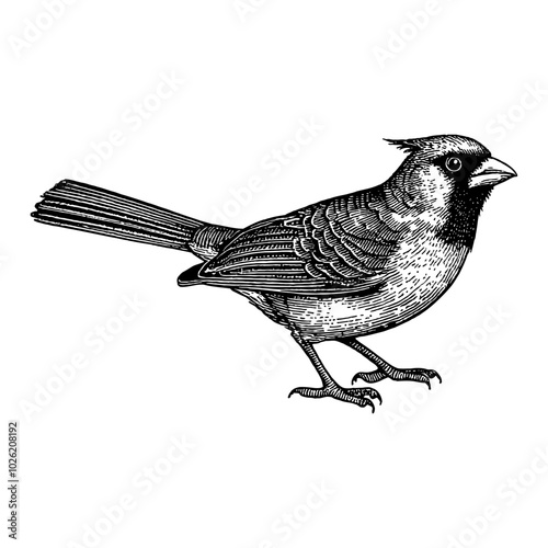 Cardinalidae Bird Side View in Vintage Black and White Outline Line Art Drawing Detailed