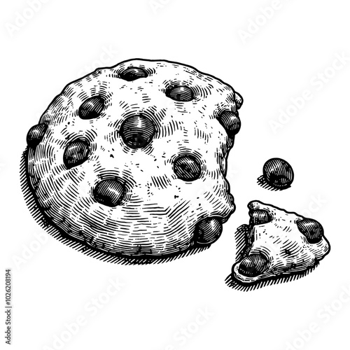 Chocolate Chip Cookie in Detailed Black and White Outline Line Art Drawing with Missing Bite