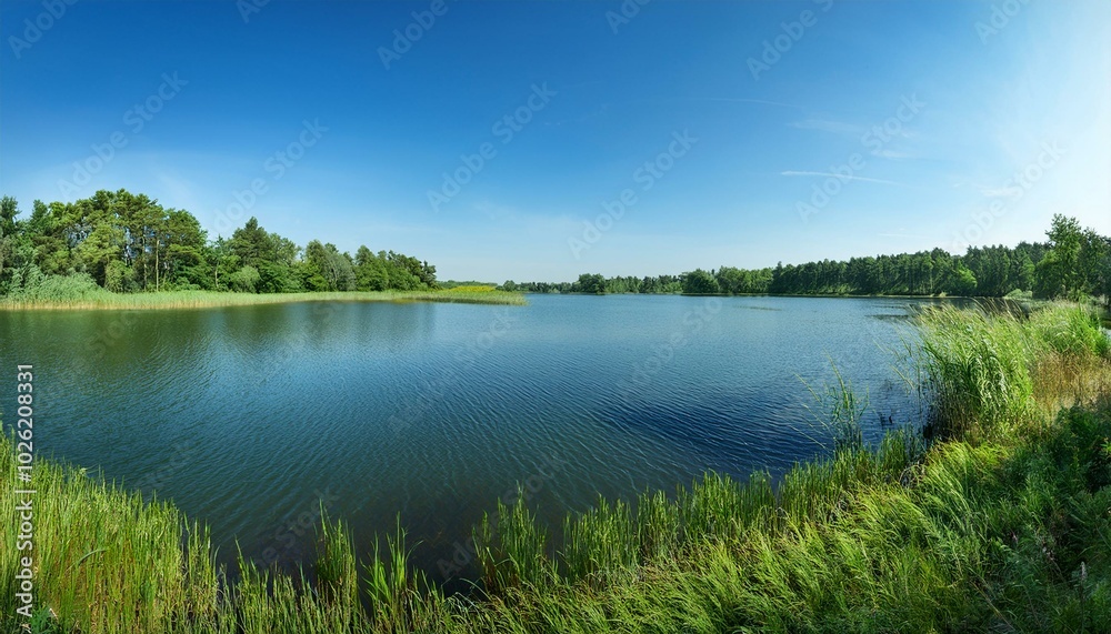 summer landscape beautiful panoramic widescreen view of a large lake with a green coastal forest with lush foliage and reeds under a clear blue sky summer landscape beautiful panoramic widescreen view of a large lake with a green coastal forest with lush foliage and reeds under a clear blue sky