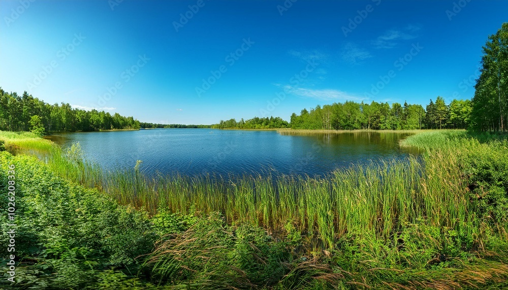 summer landscape beautiful panoramic widescreen view of a large lake with a green coastal forest with lush foliage and reeds under a clear blue sky summer landscape beautiful panoramic widescreen view of a large lake with a green coastal forest with lush foliage and reeds under a clear blue sky