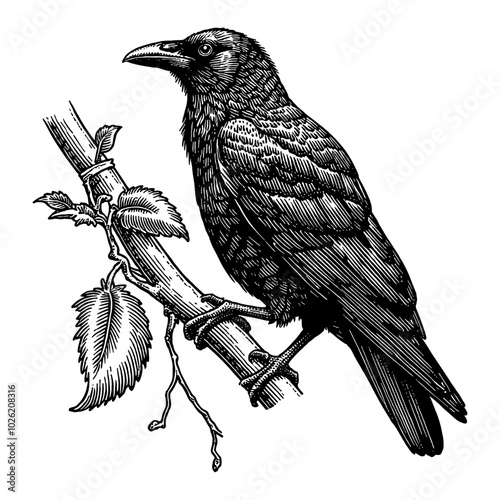 Crow Perched on Branch in Vintage Detailed Black and White Outline Line Art Drawing