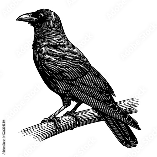 Crow Perched on Branch in Detailed Black and White Outline Line Art Drawing