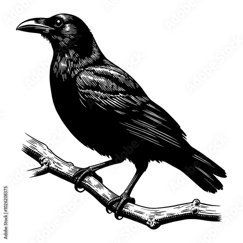 Crow Perched on Branch in Detailed Black and White Outline Line Art Drawing