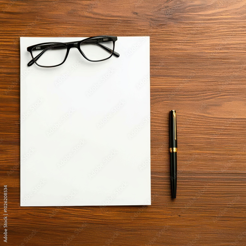 A neat workspace featuring a pair of glasses, a blank sheet of paper, and a pen on a wooden surface. A neat workspace featuring a pair of glasses, a blank sheet of paper, and a pen on a wooden surface.