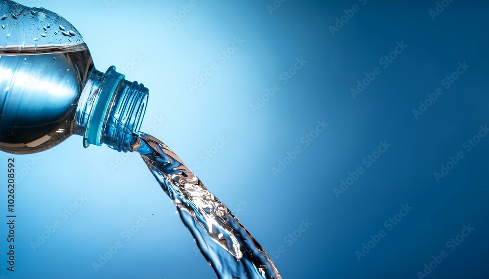 super closeup of transparent water jet from glass bottle isolated on blue background banner fresh drinking water concept for healthy nutrition wellbeing and water resource super closeup of transparent water jet from glass bottle isolated on blue background banner fresh drinking water concept for healthy nutrition wellbeing and water resource