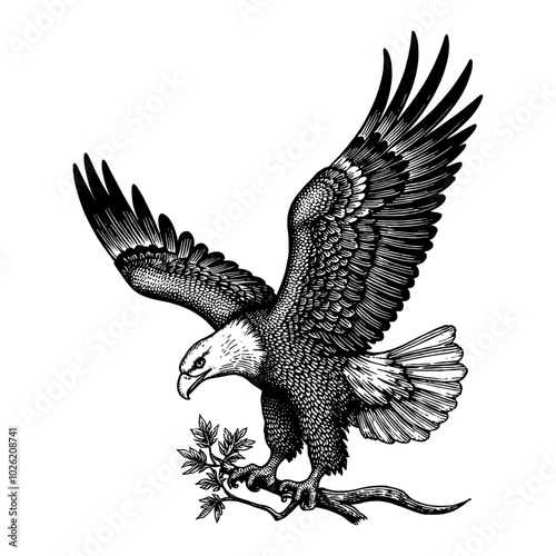 Eagle Side View in Intricate Vintage Black and White Outline Line Art Drawing with Detailed Wings