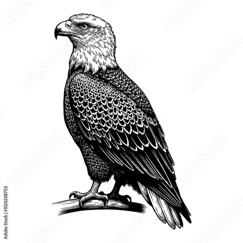 Eagle Side View Detailed Black and White Outline Line Art Drawing with Intricate Feather Patterns