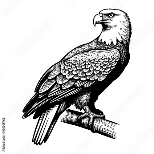 Eagle in Side View with Detailed Features Black and White Outline Line Art Drawing