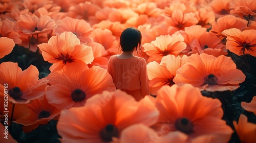 A person standing in a forest of giant flowers, where each petal is a mirror photo