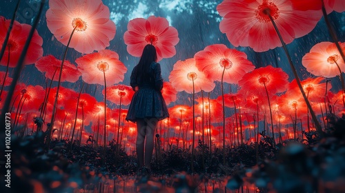 A person standing in a forest of giant flowers, where each petal is a mirror photo