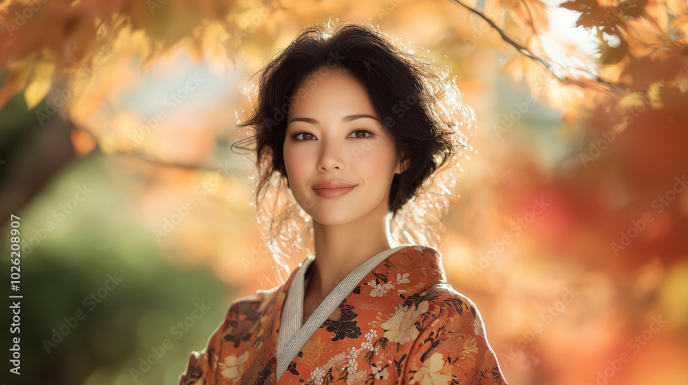 A beautiful woman wearing a kimono, framed by vivid autumn foliage, showcasing the cultural richness of Japan's travel and sightseeing experiences. photo A beautiful woman wearing a kimono, framed by vivid autumn foliage, showcasing the cultural richness of Japan's travel and sightseeing experiences. photo