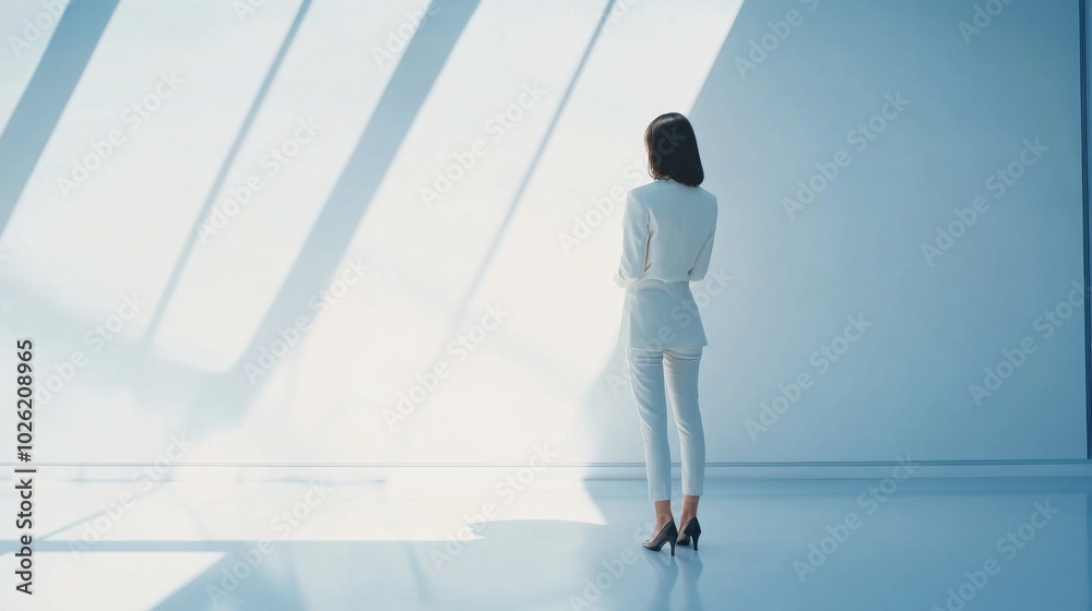 Businesswoman speaking at seminar bright room clean layout minimal elements copy space Businesswoman speaking at seminar bright room clean layout minimal elements copy space
