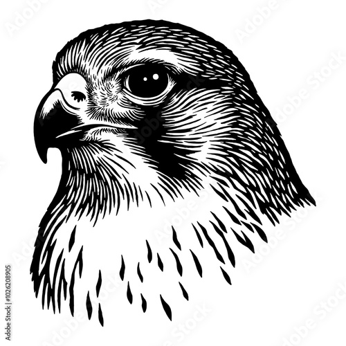 Falcon Head Portrait Black and White Outline Line Art Drawing with Detailed Features