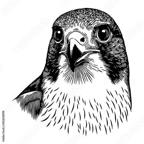 Falcon Head Portrait in Intricate Black and White Outline Line Art Drawing Style with Detail