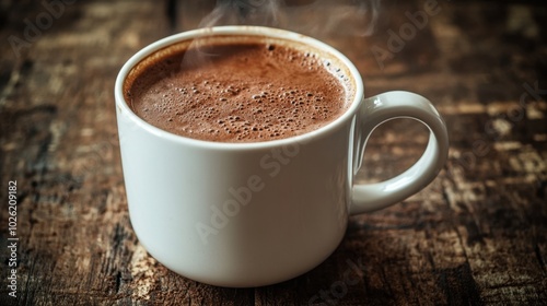 A steaming cup of hot cocoa made with rich dark chocolate, elegantly served in a white mug, emphasizing its comforting, brain-boosting, and healthy properties.