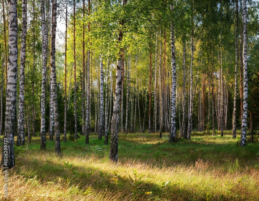 wide panoramic view of a mixed birch spruce forest with grass in the foreground and lateral sunlight in warm september weather wide panoramic view of a mixed birch spruce forest with grass in the foreground and lateral sunlight in warm september weather