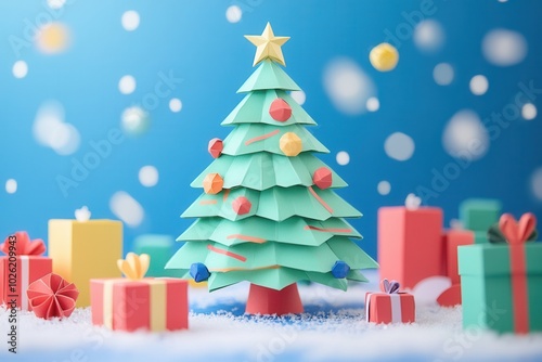 Papercraft Christmas Tree with Colorful Gifts photo