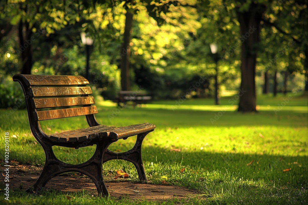 A tranquil park bench nestled among sun-drenched trees on a serene afternoon A tranquil park bench nestled among sun-drenched trees on a serene afternoon