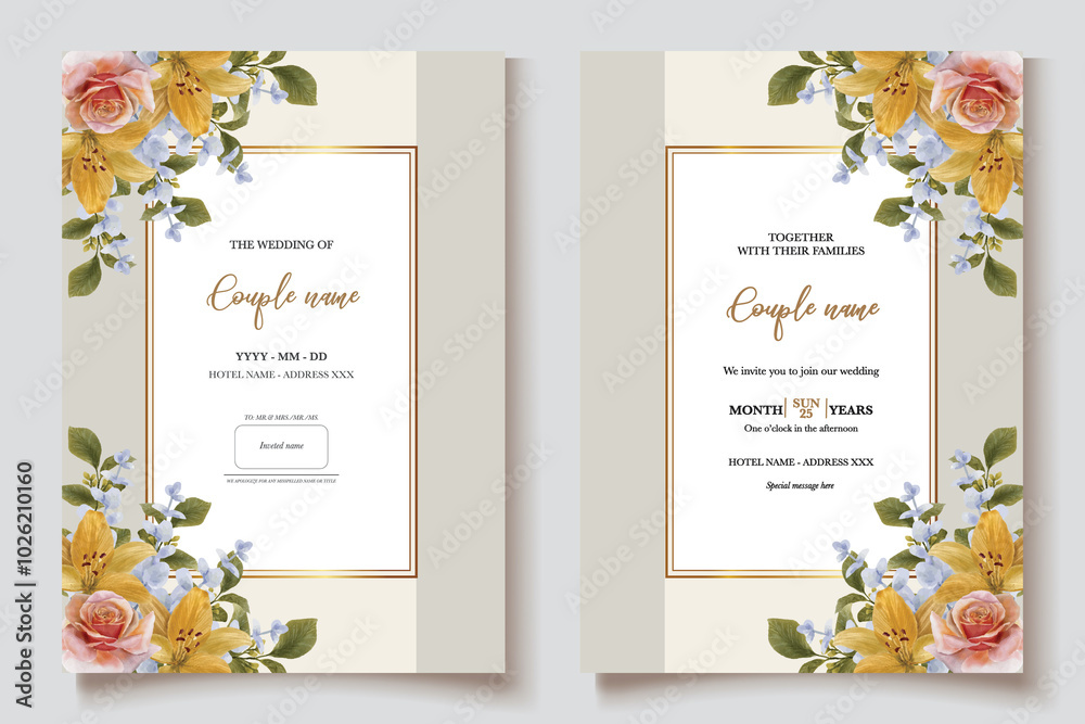 Fototapeta premium WEDDING INVITATION FRAME WITH FLOWER DECORATIONS WITH FRESH LEAVES 