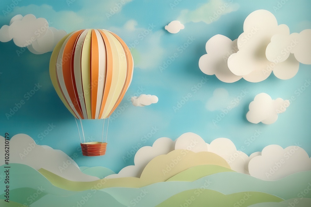 Obraz premium Papercraft Hot Air Balloon Over Mountains and Clouds