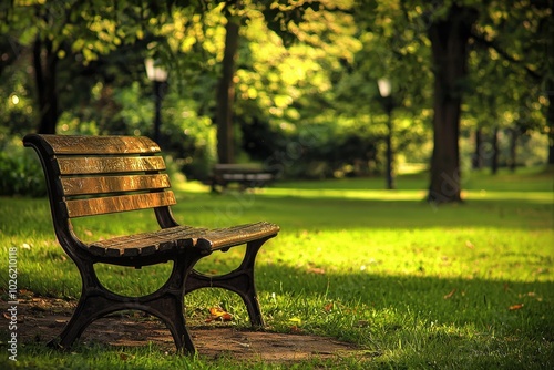 A tranquil park bench nestled among sun-drenched trees on a serene afternoon