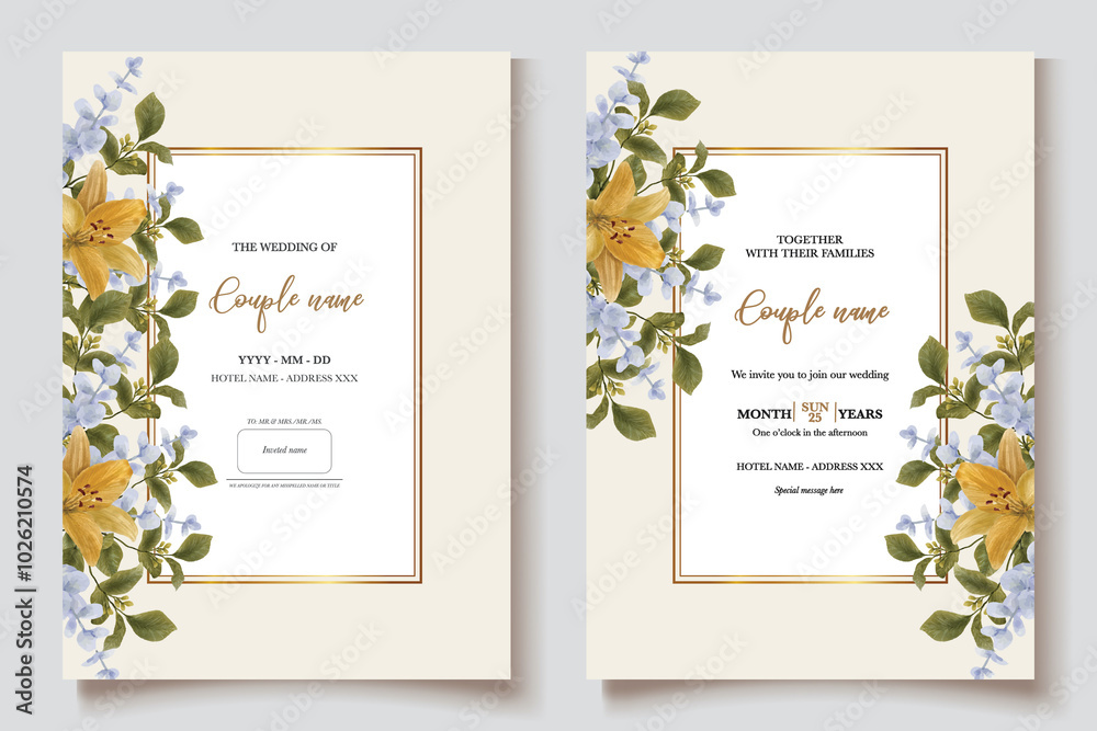 WEDDING INVITATION FRAME WITH FLOWER DECORATIONS WITH FRESH LEAVES WEDDING INVITATION FRAME WITH FLOWER DECORATIONS WITH FRESH LEAVES