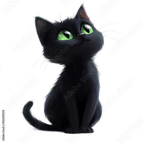 Cute black cat with green eyes looking up.