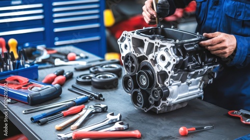 Mechanic working on an engine with tools on a workshop table, focused on detail and craftsmanship. photo