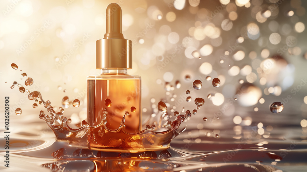 Cosmetic pipette with Cosmetic Essence oil with Clipp splashes and drops of water lights from the side in the background Cosmetic pipette with Cosmetic Essence oil with Clipp splashes and drops of water lights from the side in the background