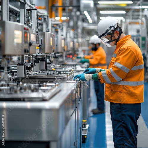 Industrial Worker Inspecting Factory Equipment on Busy Production Line.